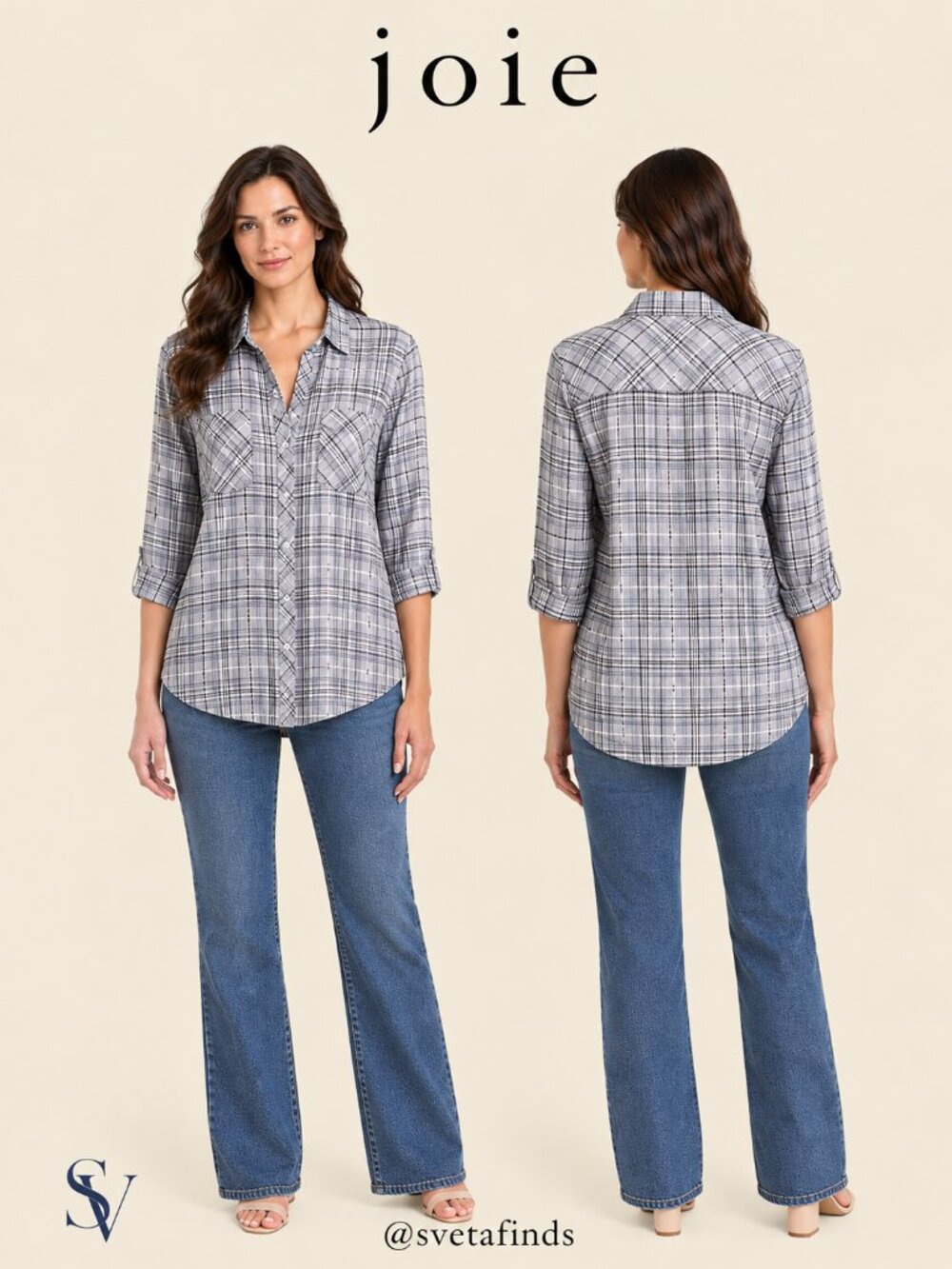 Soft Joie 100% Cotton Black Grey White Plaid Roll Tab Top XS